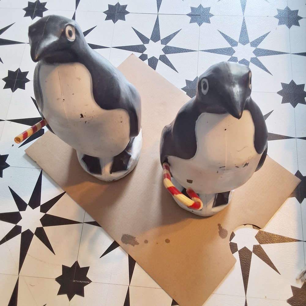 Vintage Union Products 22" Penguin Blow Molds with Candy Cane Accents